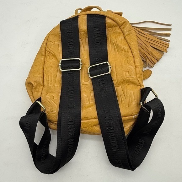 Steve Madden Yellow Embossed Logo Mini Backpack Mustard Tassel -corner peeling - Picture 11 of 11